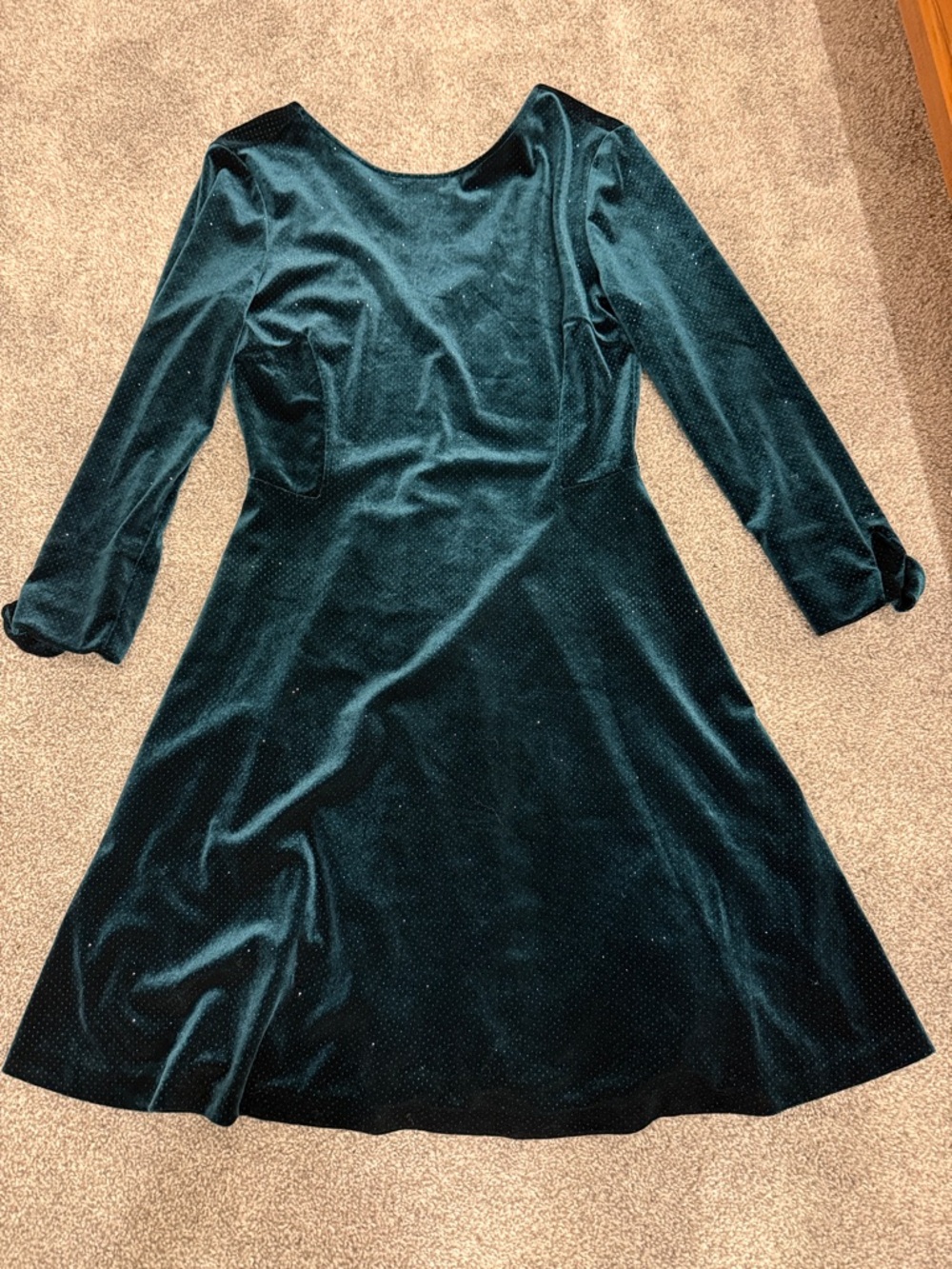 Elegant Dark Teal Velvet A-Line Dress - Long Sleeve